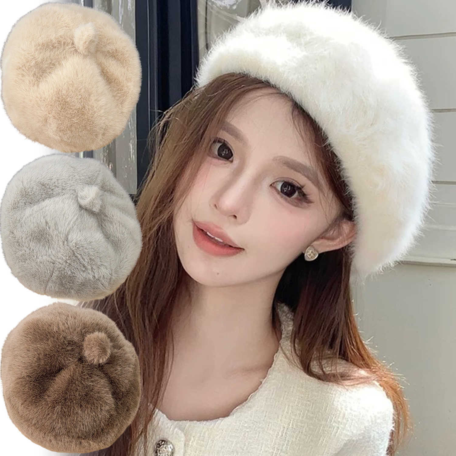 Faux Sweet Rabbit Fur Beret Hat Women Autumn Winter Thicken Keep Warm Furry Flush Artist Flat Cap Solid Color Painter Hats S2610163SW5