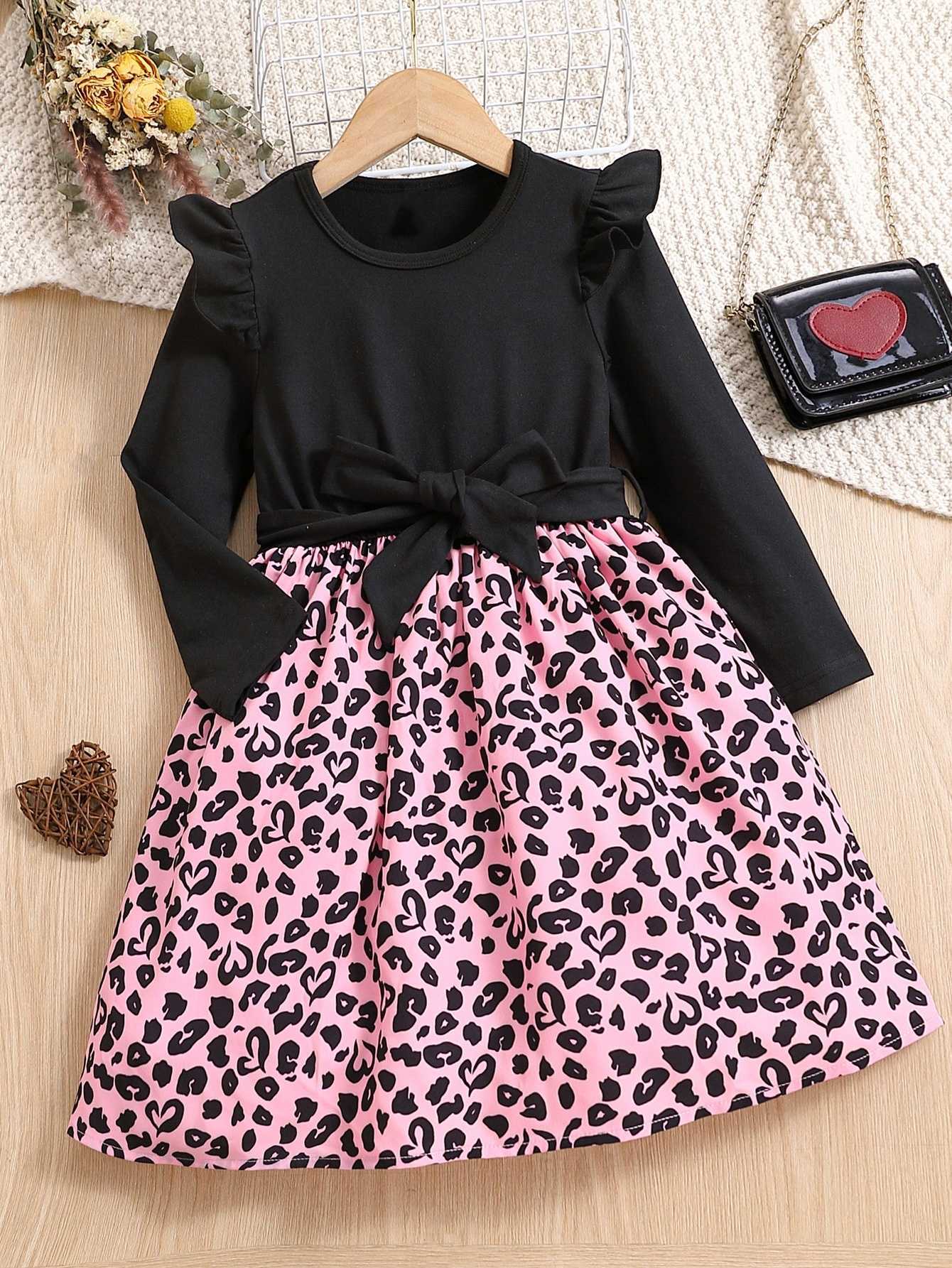 Long Girls Sleeve Leopard Print Dress Pink Blk Heart Hem Princess Skirt Sweet Cool Spring Autumn Blk Top for Kids S261016AR1T