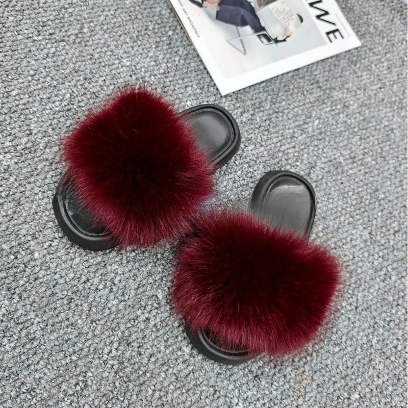 Women's Faux Fox Fur Slippers Fashion Outdoor Fluffy Open Toe Slides Plus Size Ladies Casual Home Slippers 261016