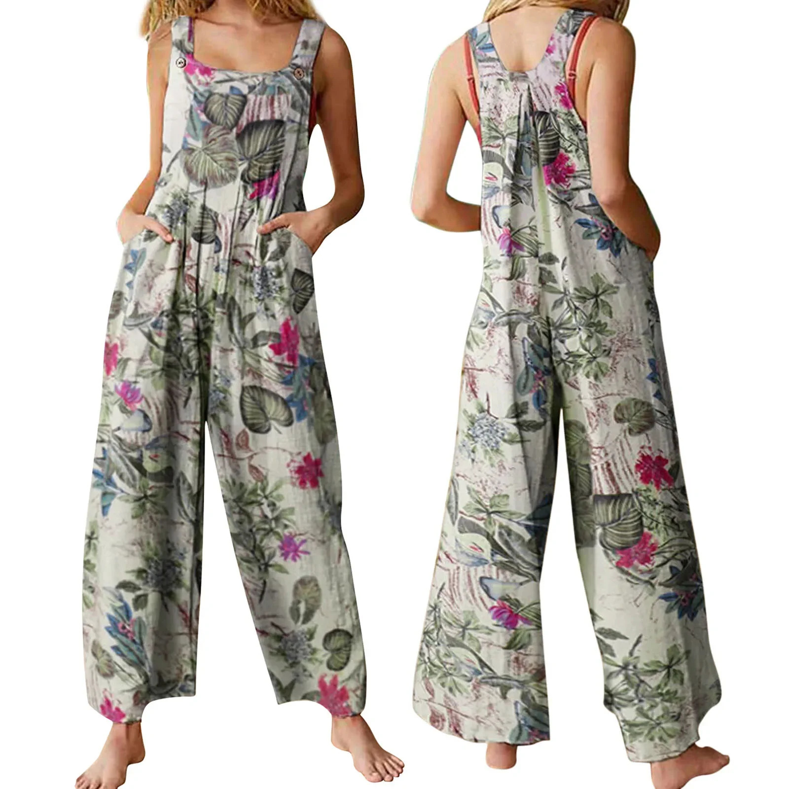Combhasaki Women's S3XL Cotton and Linen Jumpsuit Leaf Floral Print Square Neck Sleeveless Casual Loose Overalls with Pockets 261015