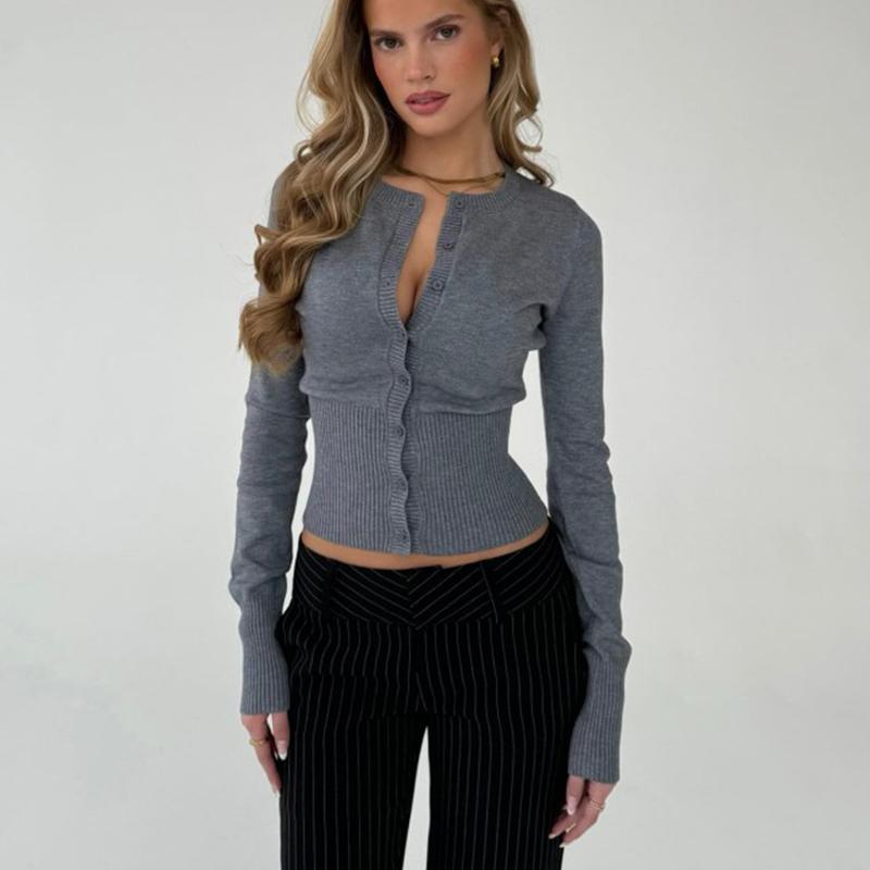 Cardigan en tricot à manches longues pour femme, coupe ajustée, col rond, bouton sur le devant, mélange de viscose solide, automne hiver