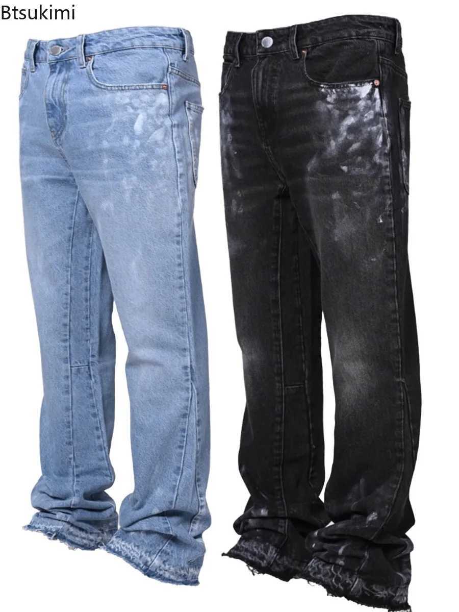 Men's Jeans New Men's Fashion Jeans American Retro Fashion Workwear Elastic Patchwork Denim Trousers Layered Raw Edge Flare Pants Streetwe