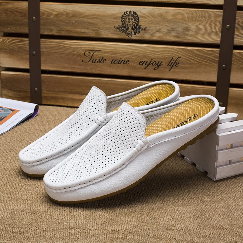 Summer Men Casual Loafers Fashion Breathable Genuine Leather Slippers Outdoor Light Mules Cool Half Shoes Italian n Sandals 261016