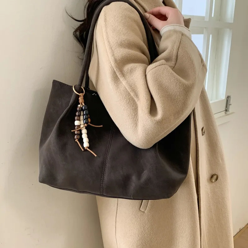 Vintage Suede Tote Bag Large Capacity Soft Leather Shoulder Bag Casual Ladies Handbag for Women Work School Daily Shopping Use 261016