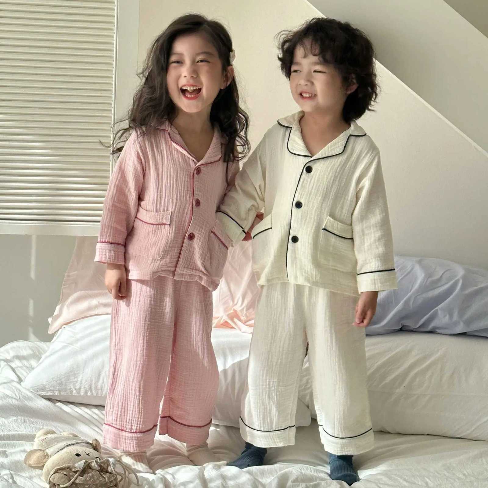 Pajamas 5016 Children's Pajamas Suit 2025 Spring New Cotton Gauze Girls and Boys' Suit Long Sle Top+Pant Kid's He SuitW261019
