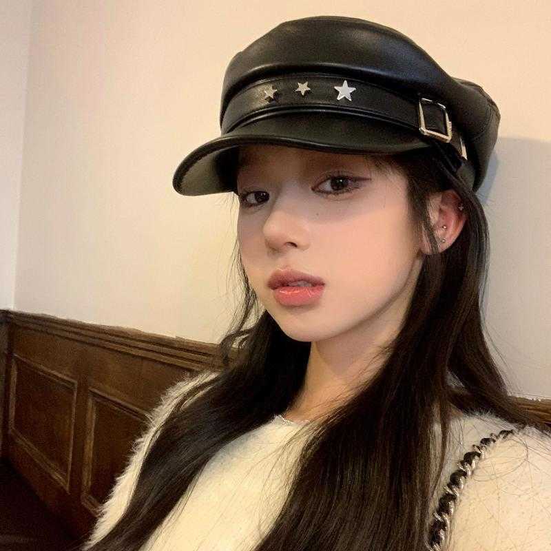 Rivet Vintage Beret Harajuku Y2K Girl Gothic Lolita Black Leather Dark Face Reveng Flat Top Newsboy Caps Sunscreen Beret Cap S261016KWPP