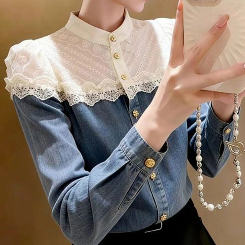 Spring is unique and beautiful and a shirt n sense niche huge good-looking light blue denim splicing shirt women 261015