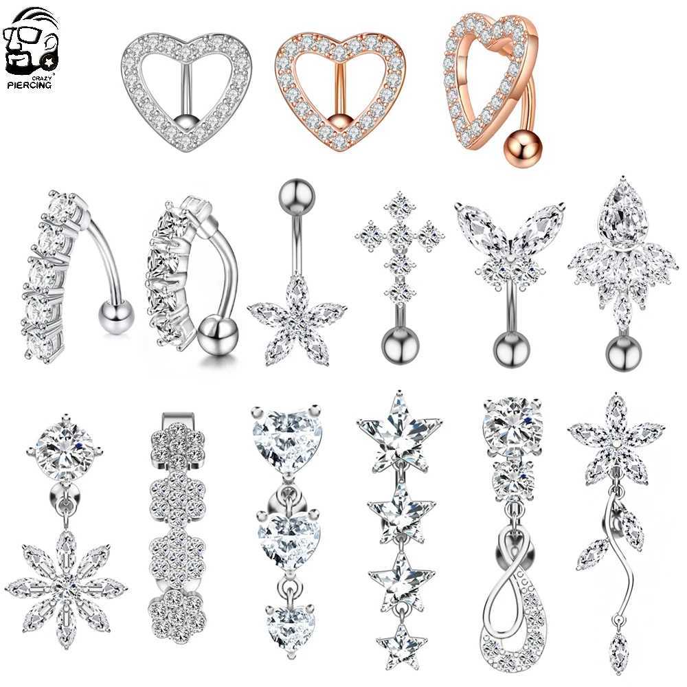 Reversed Bar CZ 14G Belly Button Rings Dangle Flower Star Navel Ring Surgical Steel Belly Piercing Jewelry Oreja Body Belly Ring Q261016