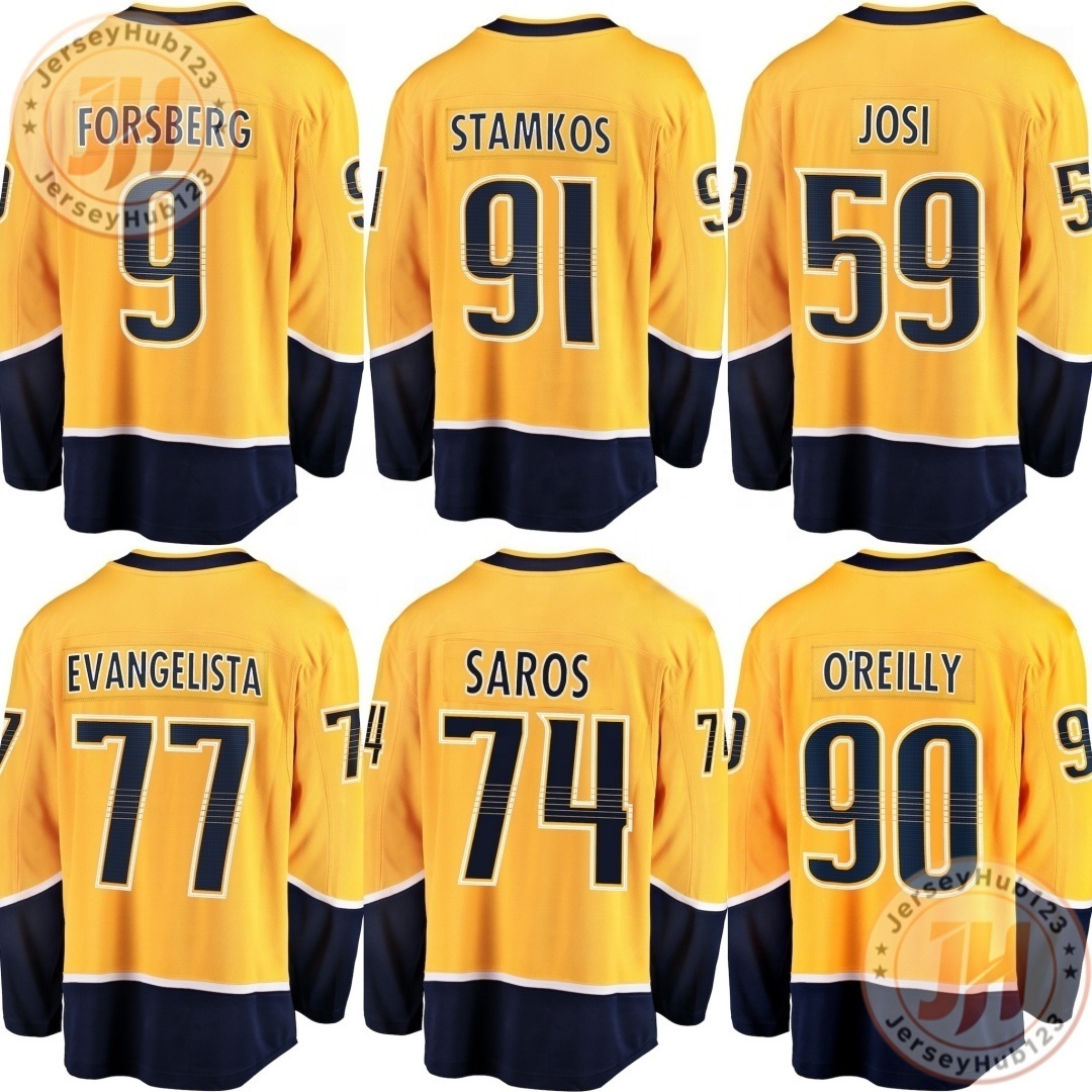 #9 Filip Forsberg #59 Roman Josi #91 Steven Stamkos Men's Embroidery Ice Hockey Jersey Yellow Wholesale Hockey Uniform
