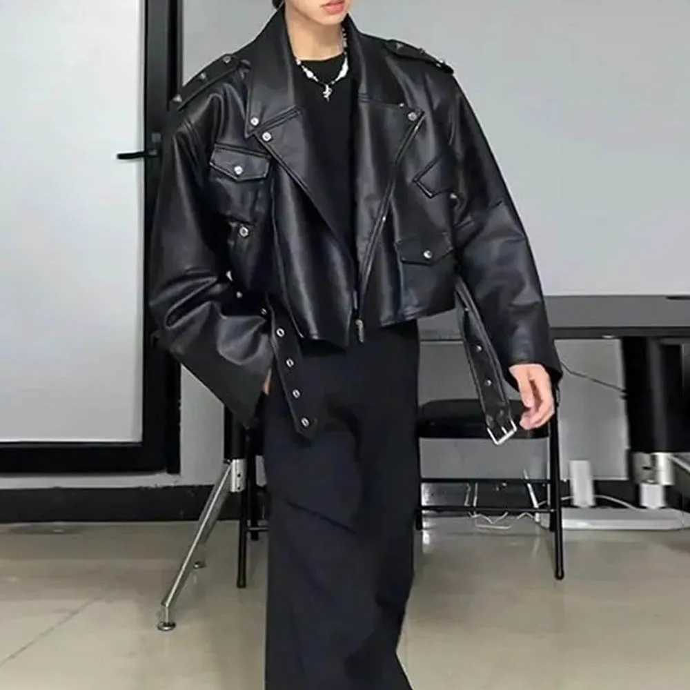 Leather Men's Jackets Men's Cropped Jacket with Studded Shoulders Streetwear Fashion Biker Jacket Casual Cool Jacket for Fall and Winter N