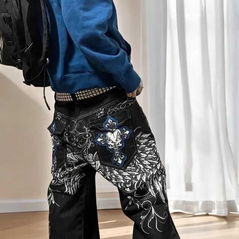 Men's Jeans Hip Hop Fashion Y2k Street High Waist American Retro Couples Straight Loose Pants Gothic Skull Geometry Men JeansT261016