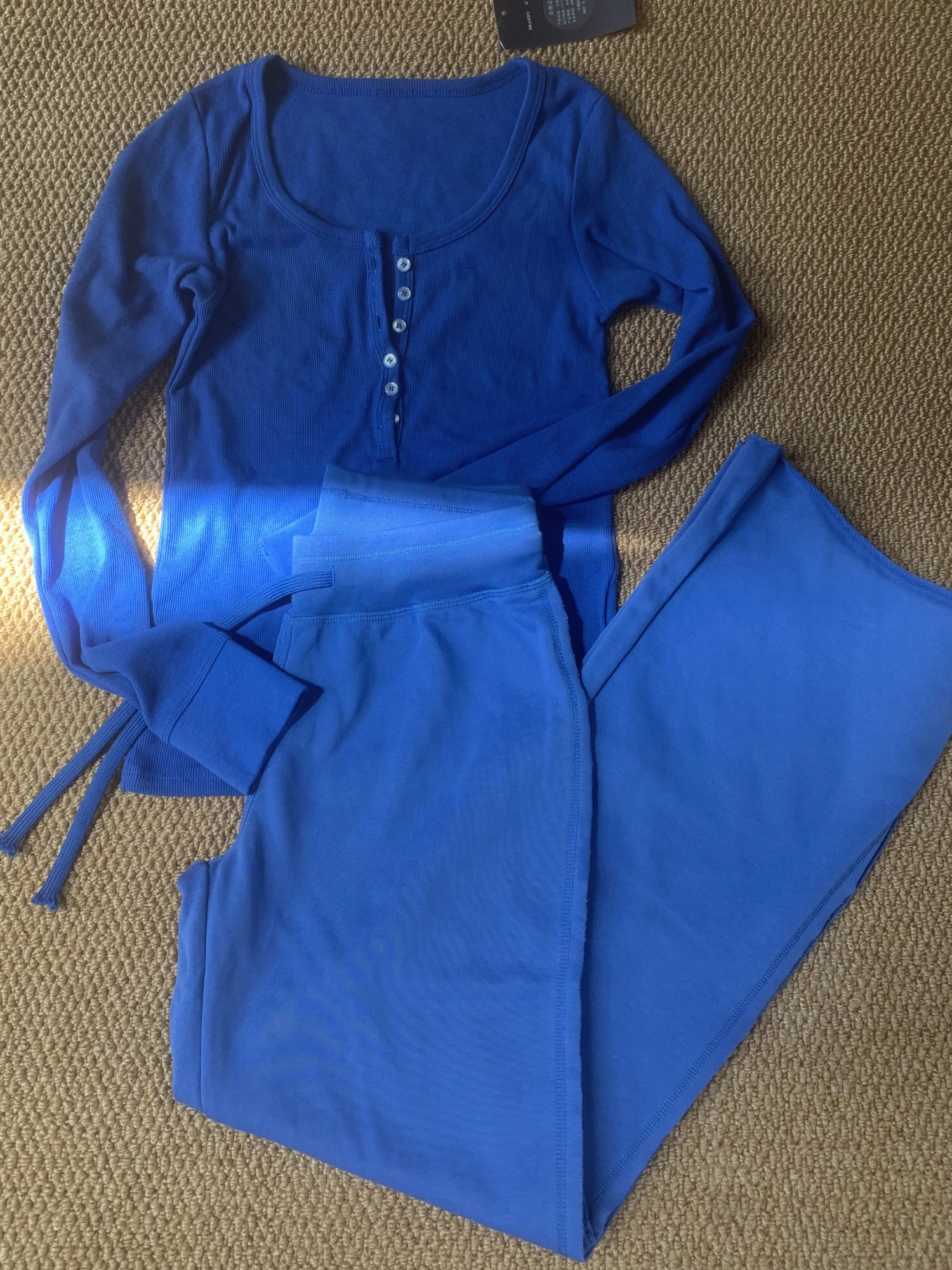 Royal Blue Tshirt Pant Set Woman Buttons Ribbed Long Sleeve TeeDrawstring Straight Sweatpant Autumn Home Cotton 2 Piece Sets 261016