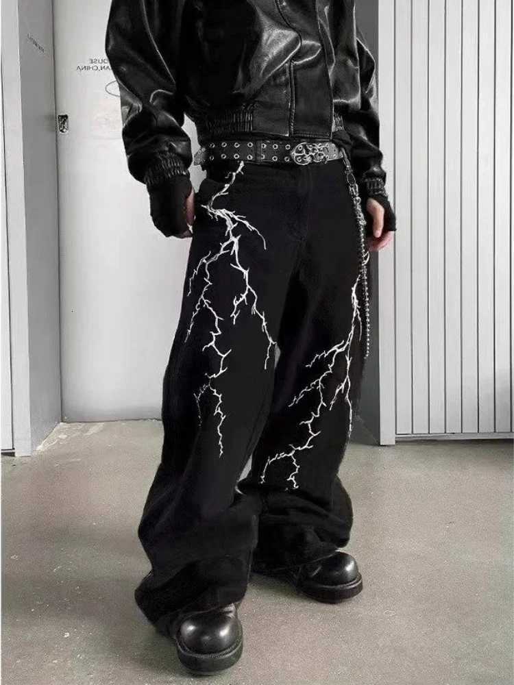 Men's Jeans Y2K Fashion Black Baggy Jeans Men Streetwear Straight Oversize Wideleg Pants Vintage Lightning Pattern Loose Denim TrousersT261016