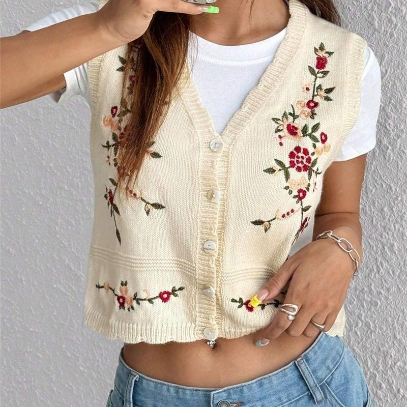 Gilet en tricot sans manches pour femmes, col en V, broderie florale, bouton sur le devant, Cardigan court en tricot, couleur unie, gilet en tric