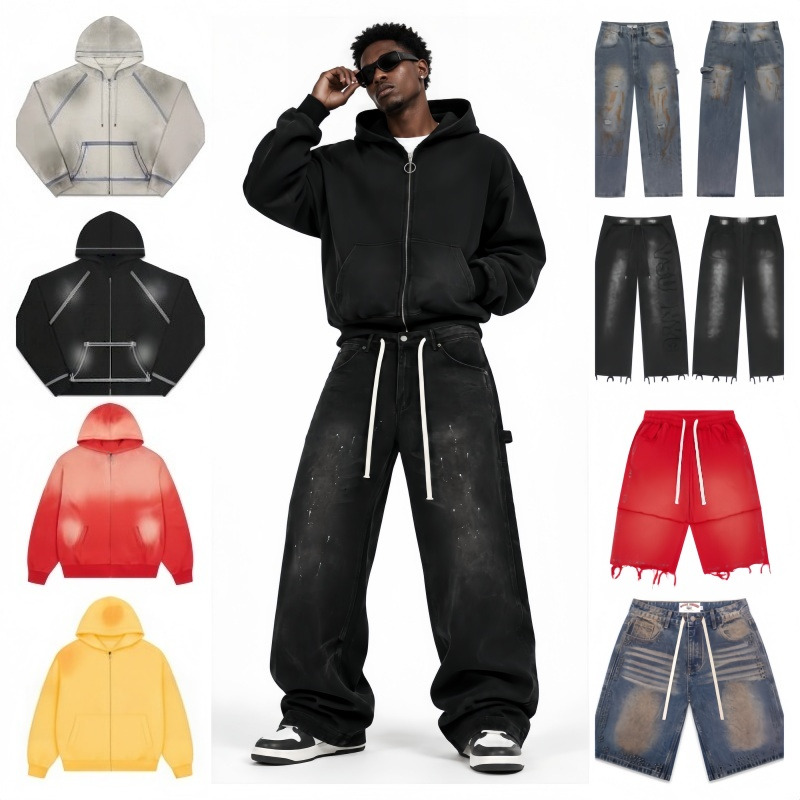 Y2K Veste à capuche zippée brodée de strass pour homme, sweat-shirt surdimensionné et pantalon de jogging, style hip-hop, tenue assortie 2 pièces