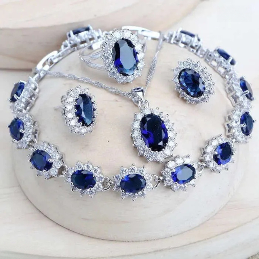 2026 Women perfume Bridal Jewelry Sets Blue Zirconia Costume Fine Jewellery Wedding cologne Necklace Earrings Rings Bracelets Pendant Set Designer s