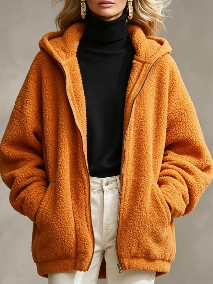 Women Loose Teddy Fleece Coat Hooded Zip Up Solid Orange Warm Sherpa Outerwear Fall Winter Daily Street Casual Jacket 261016