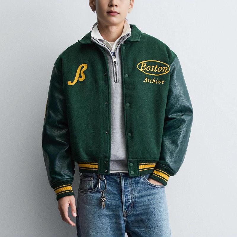 Men's Autumn Winter Wool Blend Faux Leather Sleeve Embroidery Padded Jacket Stand Collar Zip Green Coat