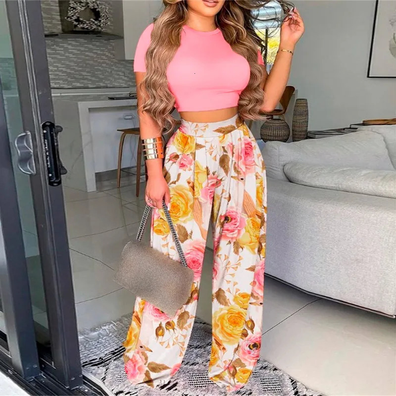 Vintage Floral Print Wide Leg Suit Summer Fashion Loose Oneck Short Sleeve TopsLong Pants WideLeg Pant Two Pieces Set 261015