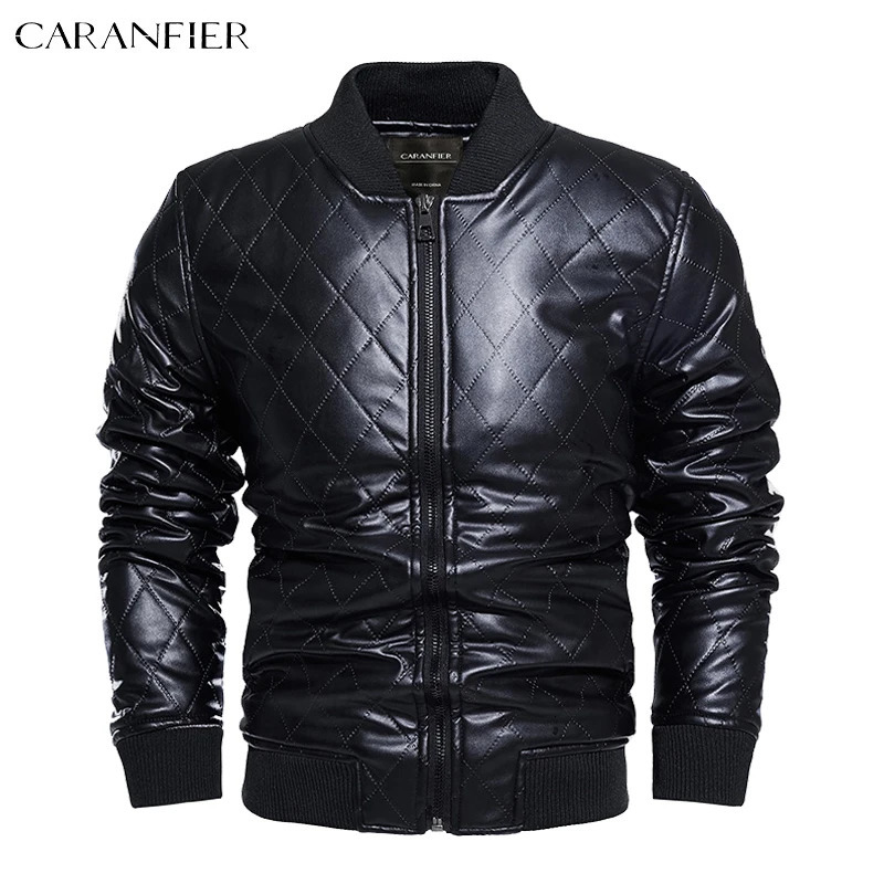 CARANFIER Men's PU Leather Jacket Male Patchwork Oblique Locomotive Fleece Warm Winter Coats Faux Fur Motorcycle Windbreaker 261014