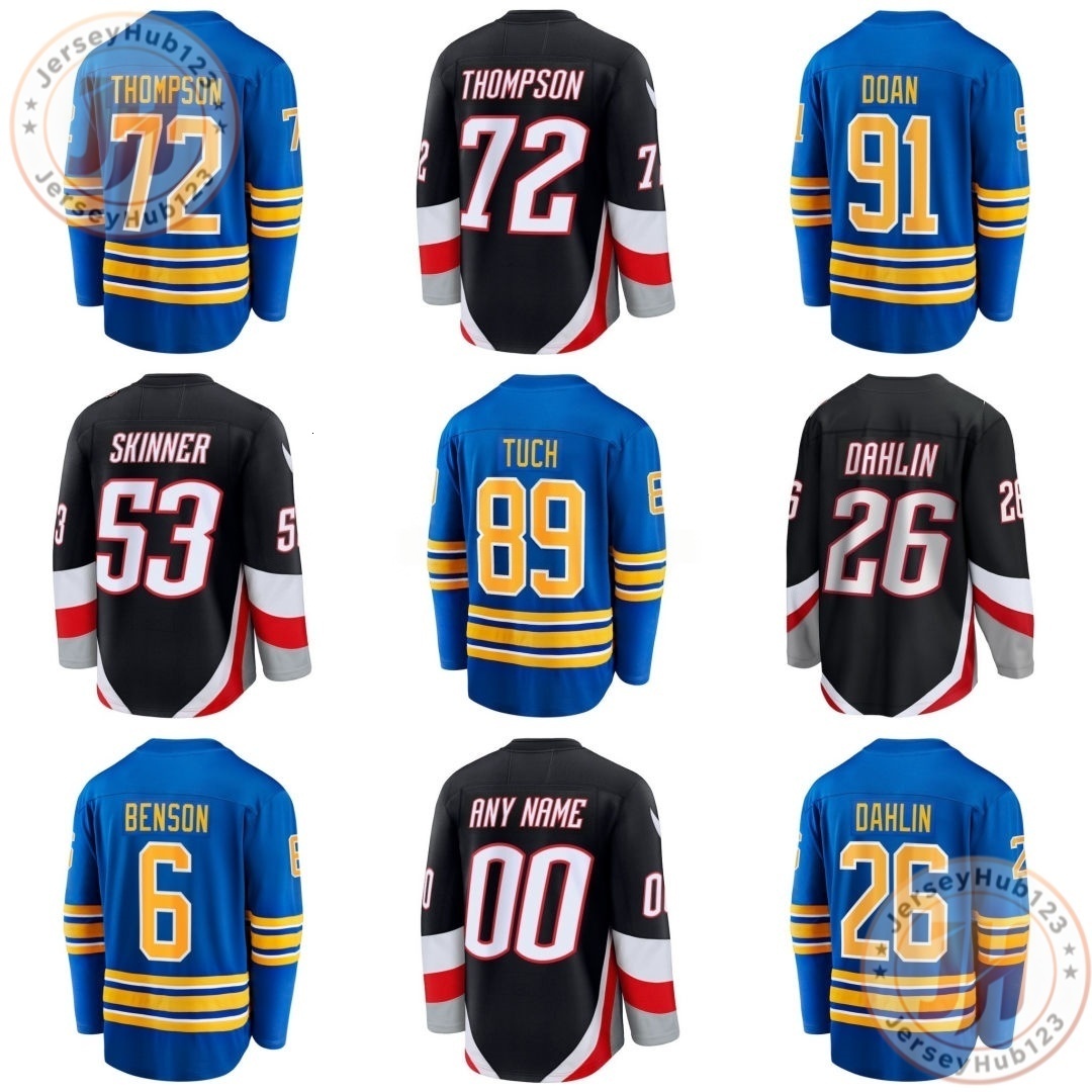 72 Thompson #26 Dahlin #91 Doan Men's Embroidery Ice Hockey Jersey Blue Navy Wholesale Hockey Uniform