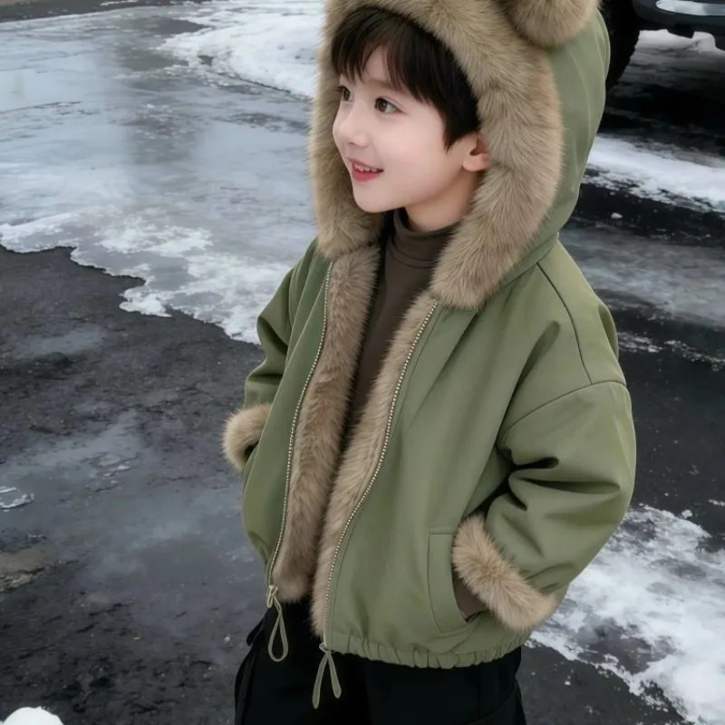 2026 Kids Faux Fur Jacket Boys Girls Winter Warm Thickened Fleece Lined Casual Outerwear Children Sports Cotton Coat 261016