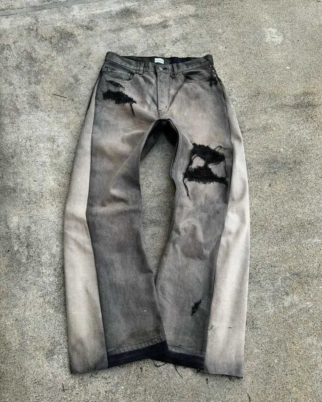 Men's Jeans American Hip Hop Mens Jeans High Waist Frayed Patchwork Embroidery Micro Flared Jeans Spring Street Clothing Loose Floor PantsT2610