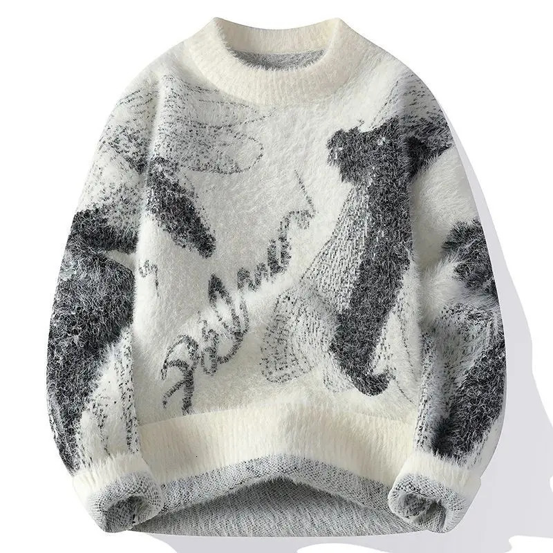 Vintage Contrasting Color Sweater Men's Casual Knitted Long Sleeved Bottom Printed Pullover Harajuku Half-high Collar Sweaters 261015