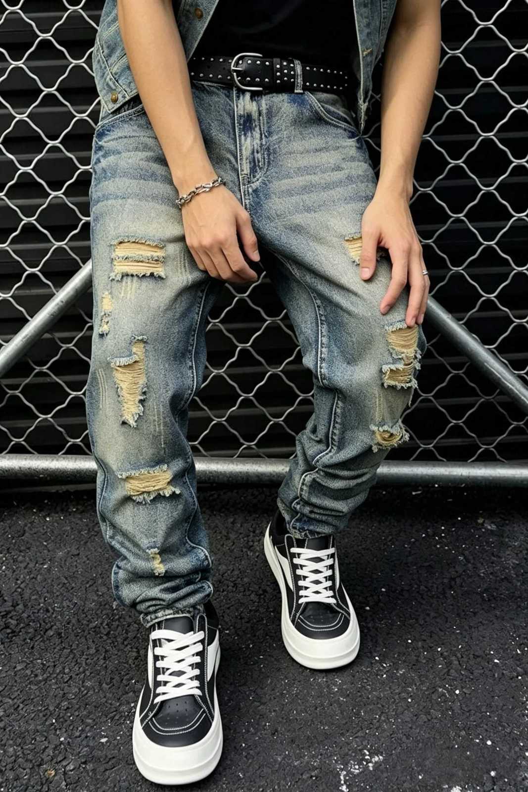 Men's Jeans Jeans Men Y2K Vintage Acid Wash Multi Frayed Ripped Baggy Straight Denim Pants Oversized Loose Skater Streetwear Long TrousersT2610