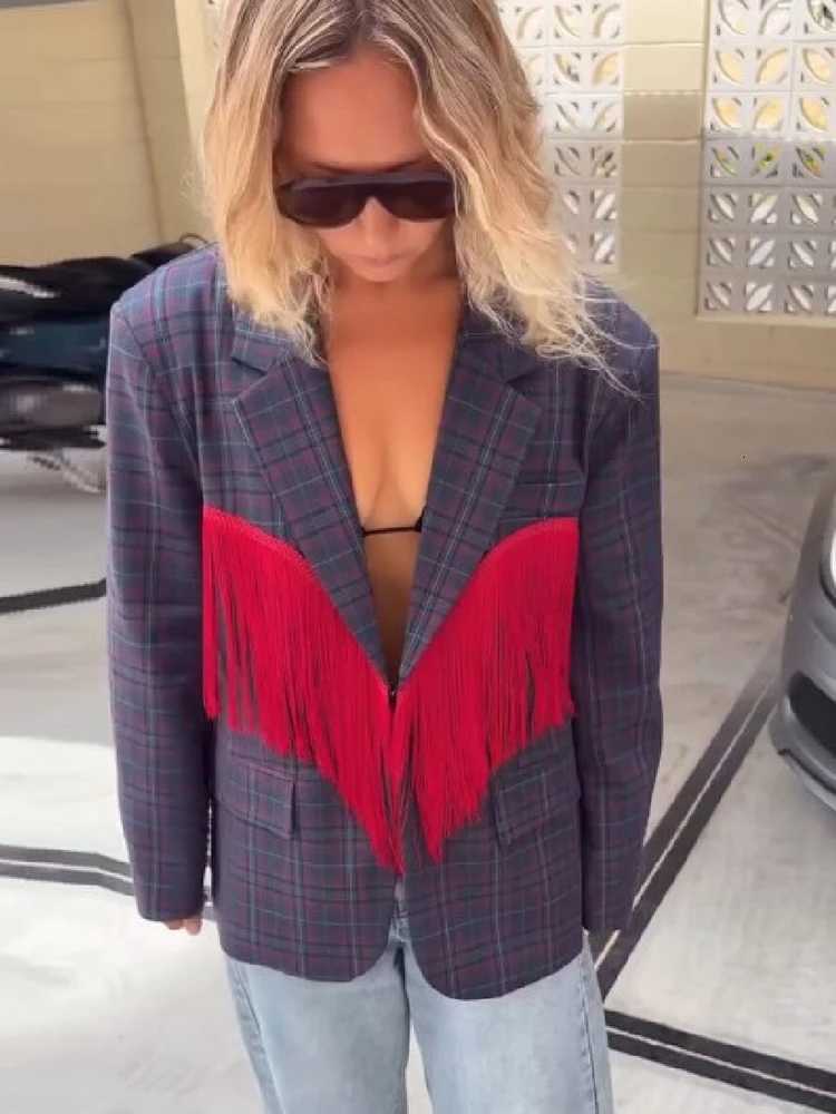 Plaid Men's Jackets Women Vintage Fringe Blazer Notched Collar Open Front Wing Tassel Long Sleeve Outerwear Chic Daily Party Streetwear Outfit