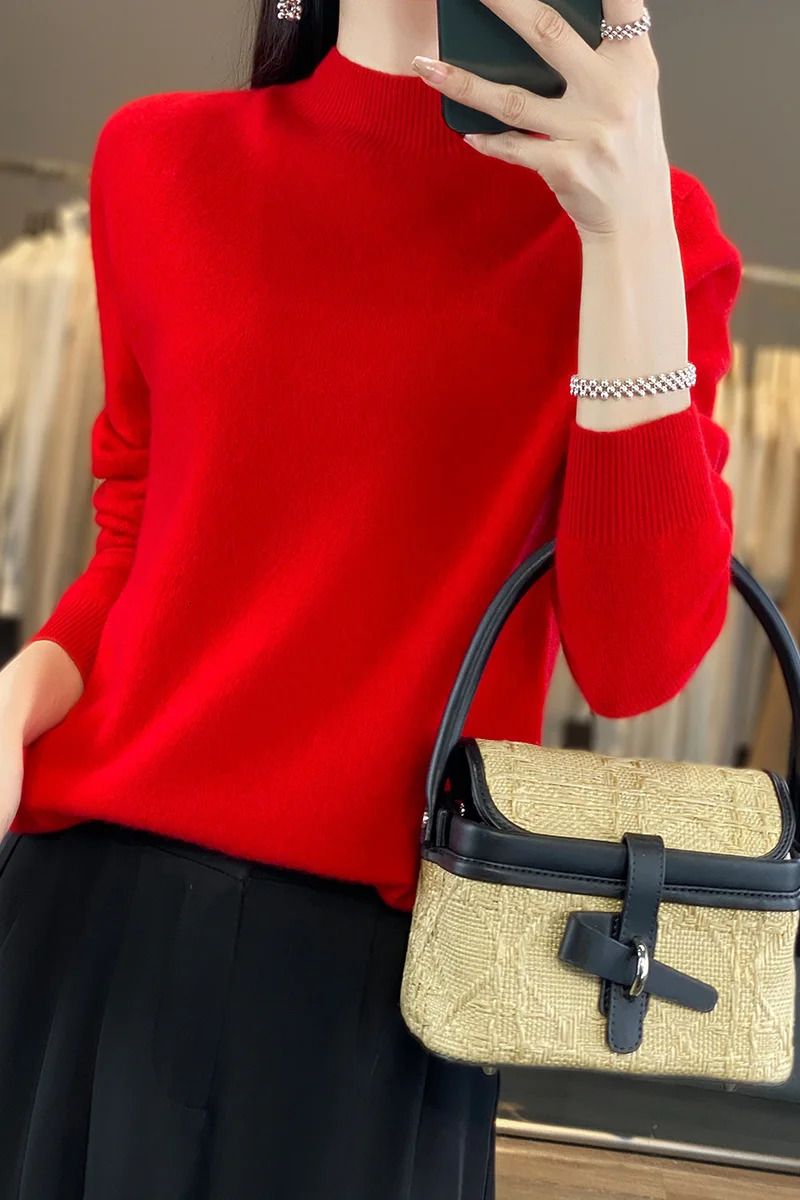 100 Merino Wool Sweater Women Halfhigh Collar Pullover Autumn Winter Casual Knit Tops Solid Female Cashmere Soft Knitwear 261008