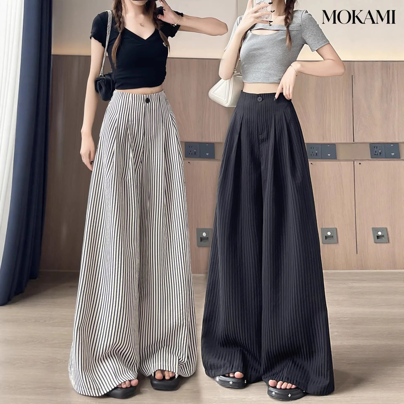 Women's Summer Lightweight HighWaist Slimming Loose Casual Straight Tapered FloorLength Suit Pants with Ice Silk Stripes 261015