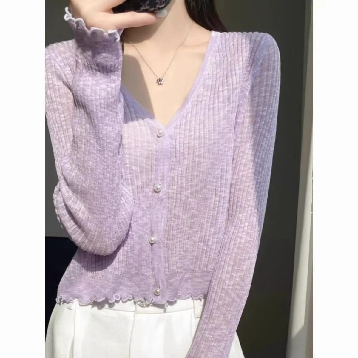 Women Spring Summer Ice Silk Fabric Sweater Vneck Lace Short Style Cardigan Casual Knitted Soft Slim Sexy Jacket Top 261012