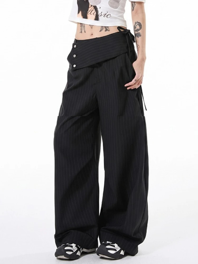 Detachable Skirt Panel Striped Suit Pant Turn Up Cuff Tie Waist Straight Wide Leg Trousers Loose Casual Streetwear 261015