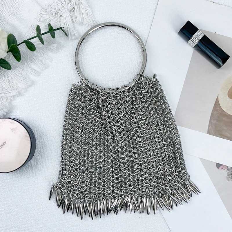 Shoulder Bags Handmade Metallic Evening Bags For Women Designer Handbag Purses 2026 New In Hollow Ring Handle Chain Mini Pouch Shoulder H261016