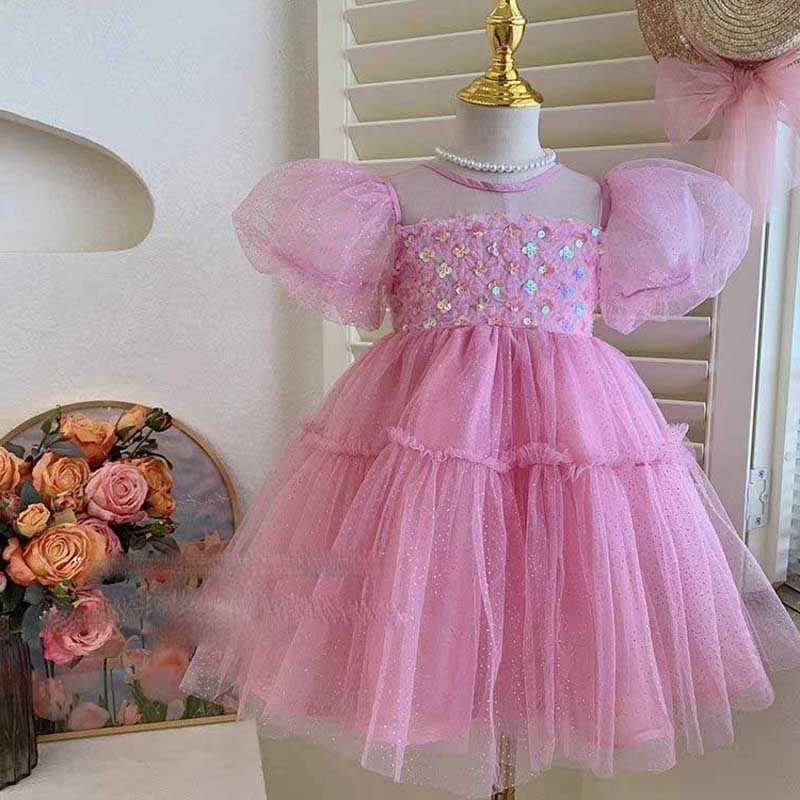 Dress Girls' 2024 Summer New Kids Clothes Children's Short Sleeved Sequin Mesh Dress Children's Lace Birthday Princess Dress S2610167