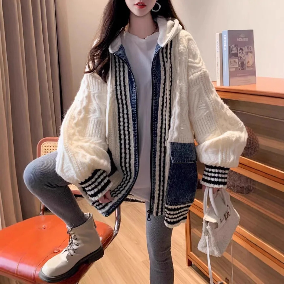 Cardigan Women Hooded Knitted Coats Zipper Full Sleeve Jumpers Y2k Streetwear Elegant Knit Casual Open Stith Autumn Winter 261015