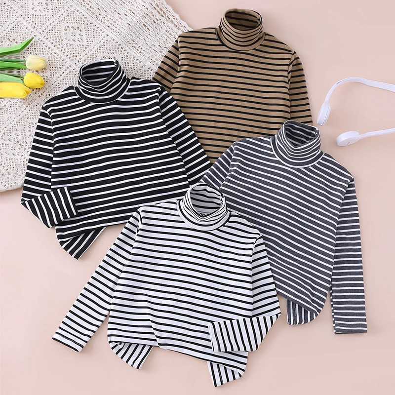 Autumn And Winter Children's Fashion Striped High Neck Long Sleeved Base Shirt Boys' Casual Sports Top Girls' Versatile Warm T261016