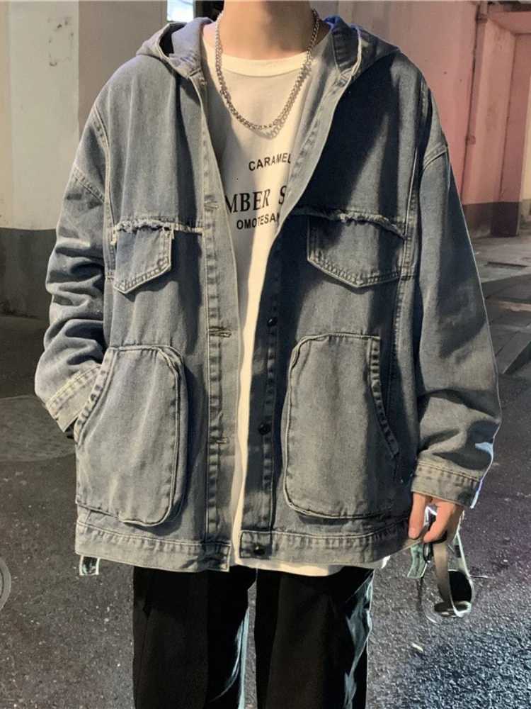Autumn Men's Jackets Gmiixder Spring Vintage Denim Jacket Three-dimensional Pocket Workwear Top Men High Street Coat Handsome Wash Jeans Coat N