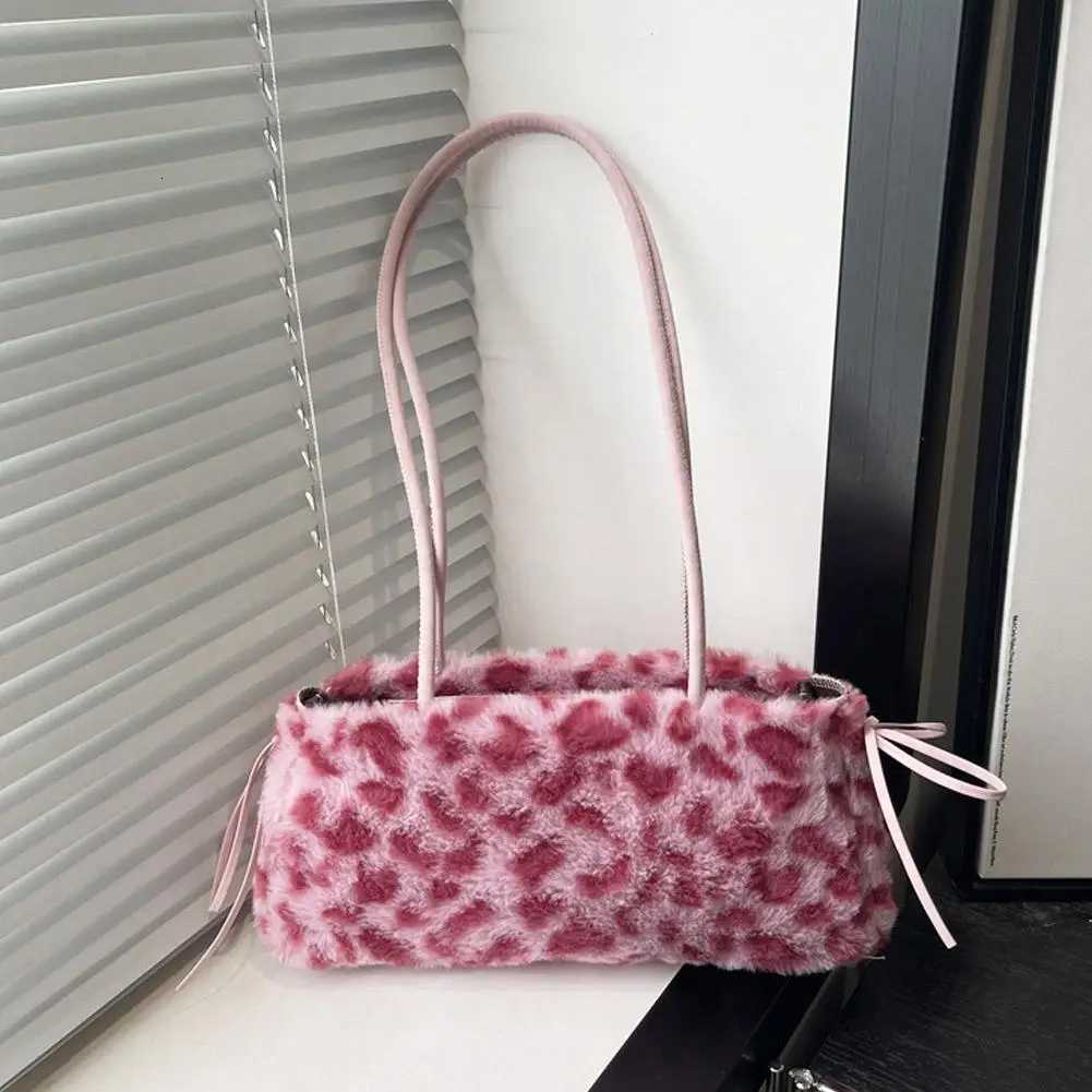 Evening Bags Women Plush Leopard Print Shoulder Bag Soft Fuzzy Underarm Baguette Purse Chic Trendy Handbag For Women Daily H261016