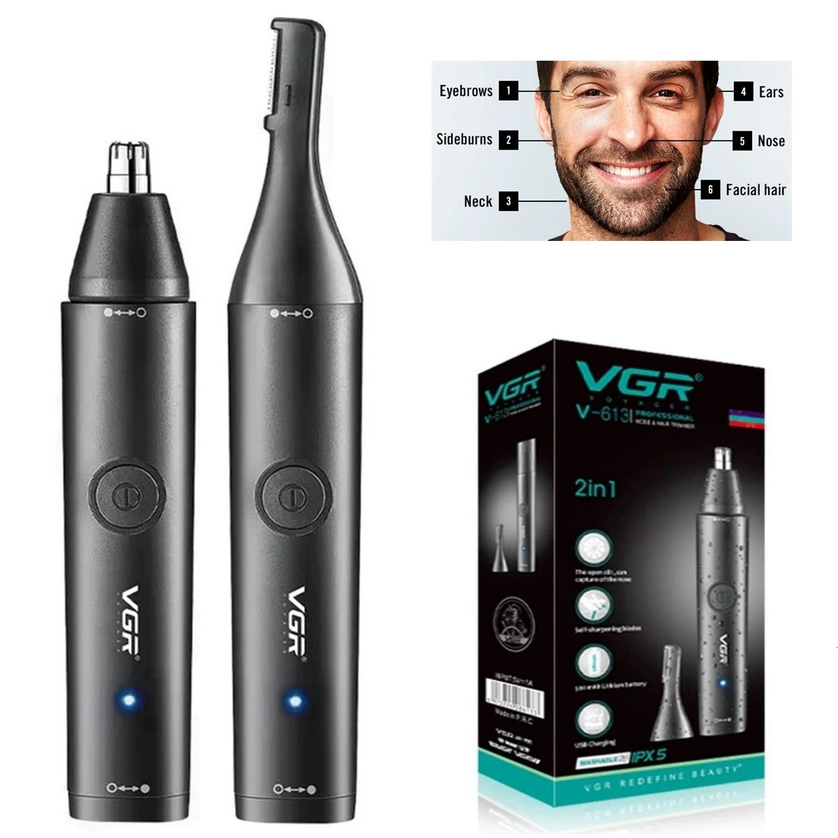 VGR 2in1 Washable Nose Hair Trimmer For Men Women Grooming Beard Electric Ear Cleaner Eyebrow Trimmer For Face Body Rechargeable 261016