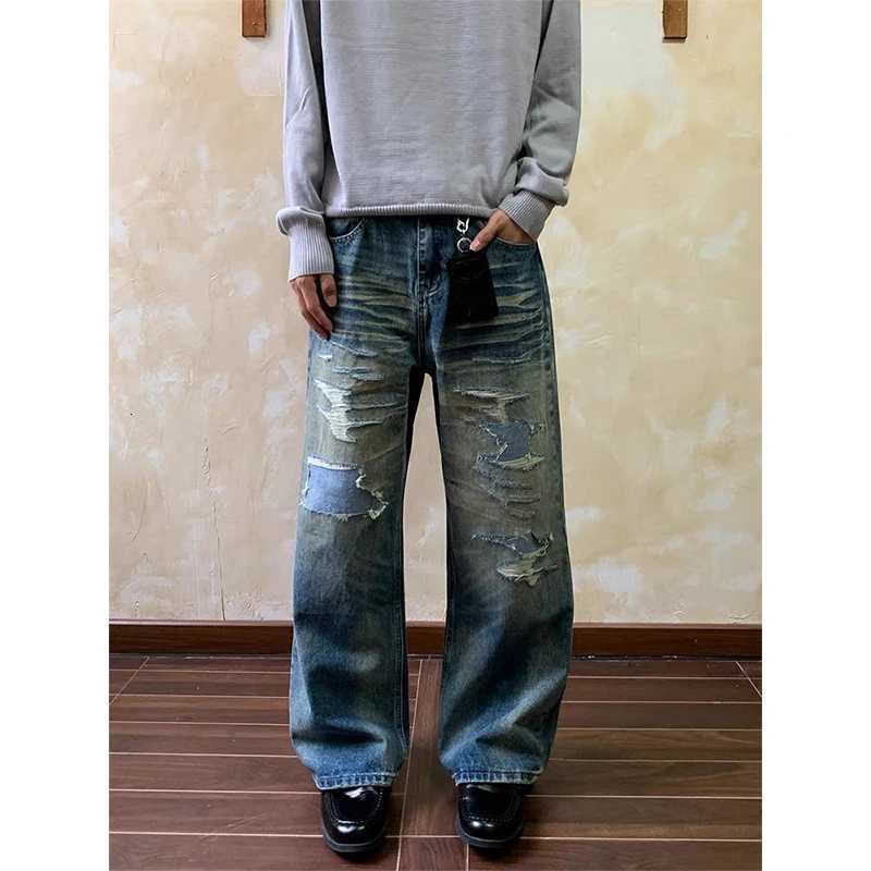 Men's Jeans Men'sBaggy Blue Jeans Y2k Japanese American Retro 2000s Ripped Denim Pants Grunge Harajuku Cowboy Wide Fit High Street PunkT26
