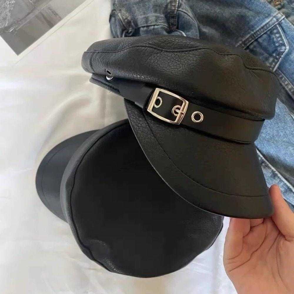 Versatile Autumn Beret Leather Retro Flat Top Visor Black Painter Hat Fashion Beret With Visor For Women Adjustable Beret Cap S261016REDT
