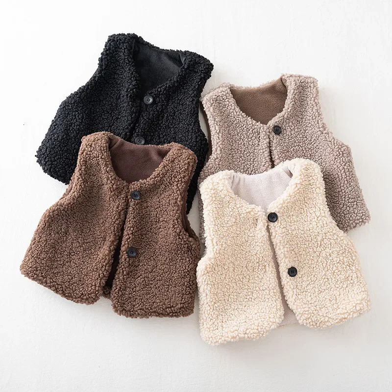 Autumn Winter Baby Lamb Wool Plus Velvet Waistcoat Girls Boys Plush Vest Single Breasted V Neck Child Warm Fashion Warm Coat261016
