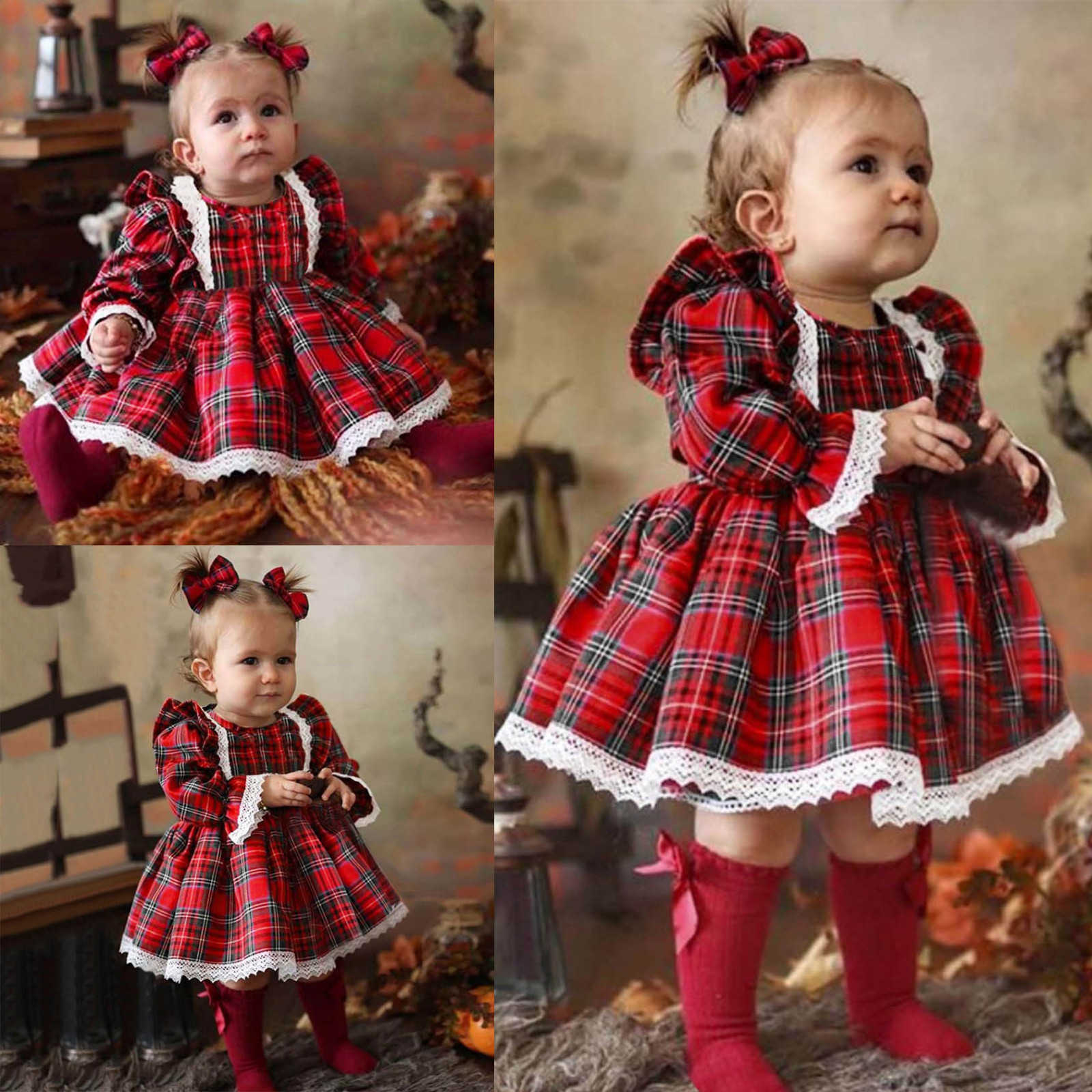 Girl Baby Dress 2025 Toddler Girls Christmas Long Sleeved Lace Plaid Printed Patchwork Dress Xmas Chiffon Outfit For Little Girl S261016NSKN
