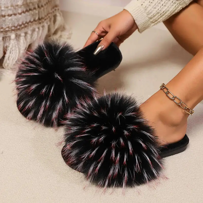 n Fluffy Fur Outdoor Slippers Women Autumn Furry Soft Thick Bottom Non Slip Slippers Woman's Long Plush Slides 261016