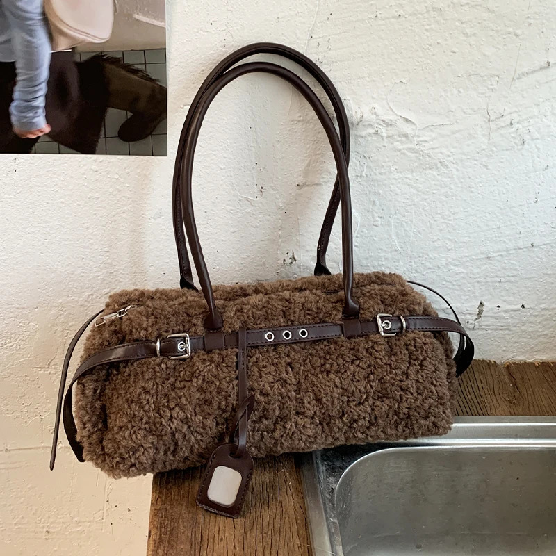 Solid Color Faux Fur Bag for Women Winter Coffee Woolen Lamb Handbags Ladies Elegant Tote Fashion Female Furry Shoulder Bags 261016
