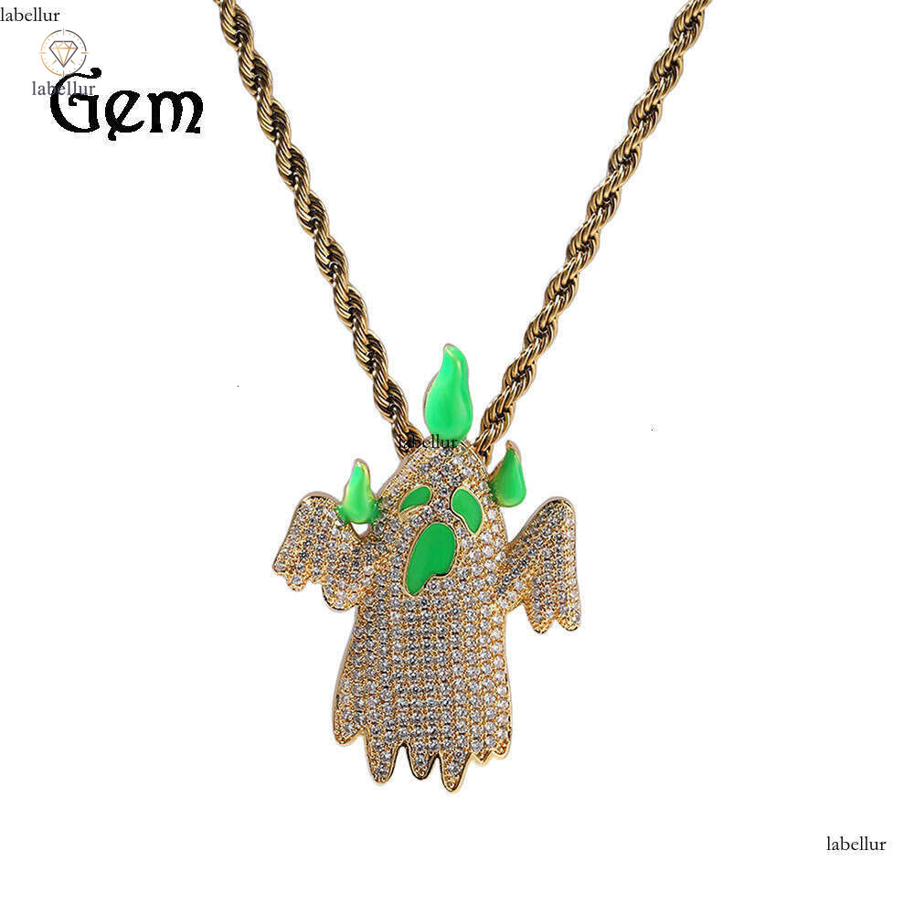 Hip Hop Vintage Cute Colorful Luminous Ghost Pendant Necklace Niche Street Style Personality Diamond-Studded Cartoon Sweater Chain Jewelry 9