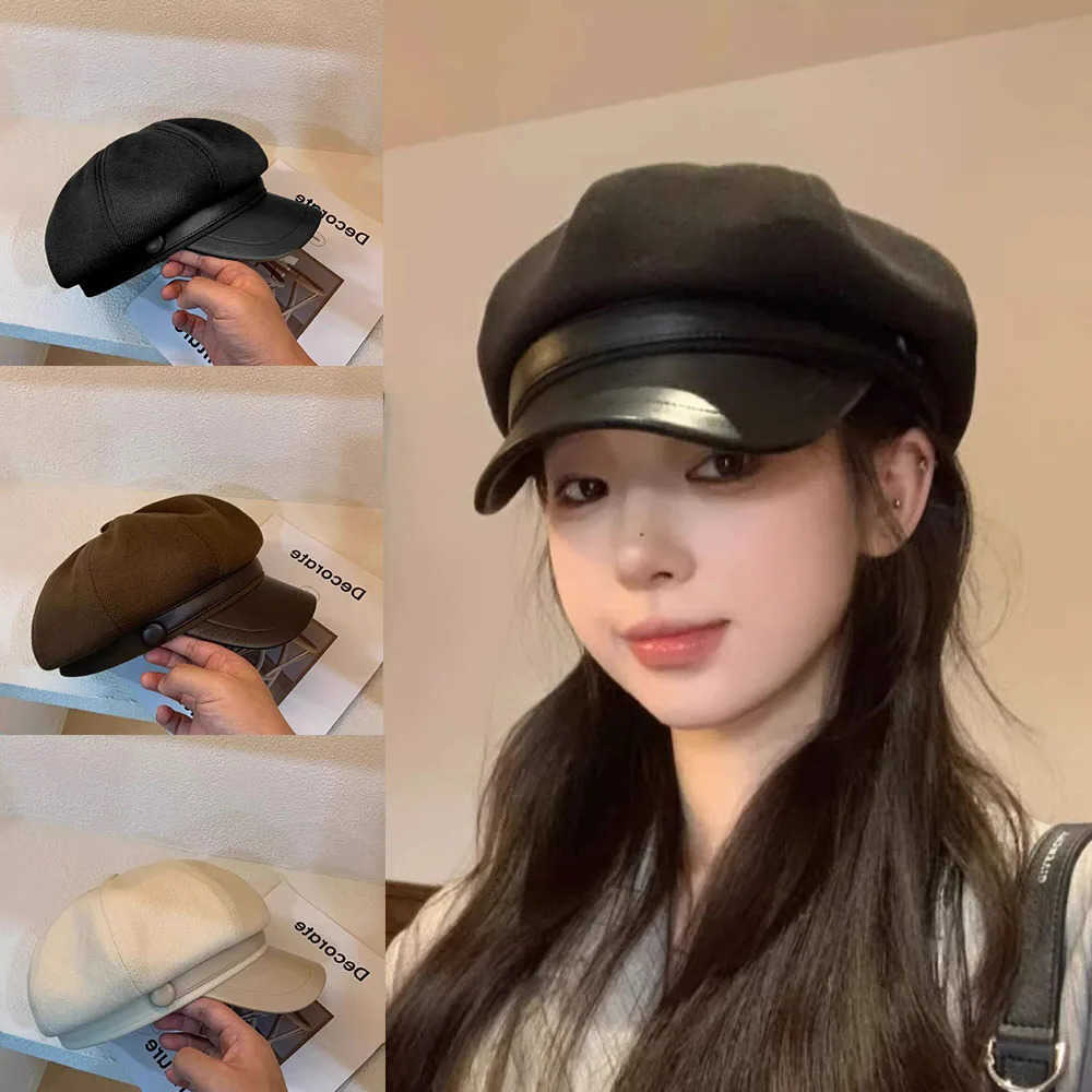 Fashion Women's PU Leather Beret Adjustable Octagonal Hat Big Head Circumference Retro Style Autumn Winter Accessories S26101628FO