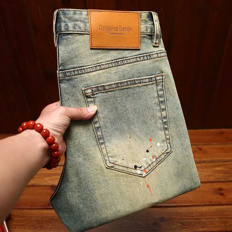 Men's Jeans Designer Fashion Men Jeans Retro Light Blue Stretch Slim Fit Patched Ripped Jeans Men Y2K Vintage Casual Denim PantsT261016